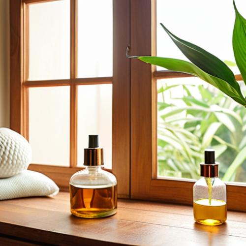 Home 19 A sunlit, serene Indian home interior emphasizing natural purity and well-being. The scene features abundant green air-purifying plants like Peace Lilies and Snake Plants, elegantly placed. Natural light streams through large windows, illuminating a clean, organized space. A subtle hint of eco-friendly cleaning, such as an essential oil diffuser or a glass spray bottle with natural ingredients on a wooden surface, is present. A family member, perhaps a child, is peacefully enjoying the fresh, calm atmosphere, conveying a sense of improved health and tranquility. Realistic, high detail, warm color palette.