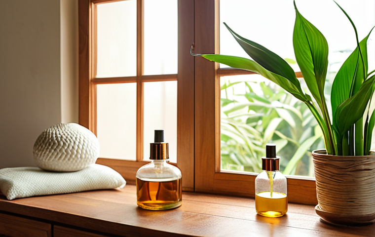 A sunlit, serene Indian home interior emphasizing natural purity and well-being. The scene features abundant green air-purifying plants like Peace Lilies and Snake Plants, elegantly placed. Natural light streams through large windows, illuminating a clean, organized space. A subtle hint of eco-friendly cleaning, such as an essential oil diffuser or a glass spray bottle with natural ingredients on a wooden surface, is present. A family member, perhaps a child, is peacefully enjoying the fresh, calm atmosphere, conveying a sense of improved health and tranquility. Realistic, high detail, warm color palette.