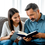 A family, including a mother, father, and child, in a brightly lit, modern living room. The room features a new, professionally designed sofa and a freshly painted accent wall. Subtle dust motes are visible in a sunbeam. The family is fully clothed in modest, appropriate attire, engaging in a quiet activity like reading. The child is naturally posed, perhaps subtly touching their nose. The scene conveys a sense of home, with an underlying hint of unseen environmental factors. Perfect anatomy, correct proportions, natural pose, well-formed hands, proper finger count, natural body proportions. Professional photography, high quality, safe for work, appropriate content, family-friendly.