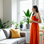 A professional woman in a modest, smart casual dress, gently tending to a collection of vibrant indoor plants, including a Snake Plant and Peace Lily, in a sunlit modern apartment living room. Large windows flood the space with natural light, highlighting the fresh, clean air and peaceful atmosphere. The background features blurred soft furnishings and subtle decor. Perfect anatomy, correct proportions, natural pose, well-formed hands, proper finger count, natural body proportions. Fully clothed, modest clothing, appropriate attire, professional dress, safe for work, appropriate content, family-friendly, high-quality professional photography.