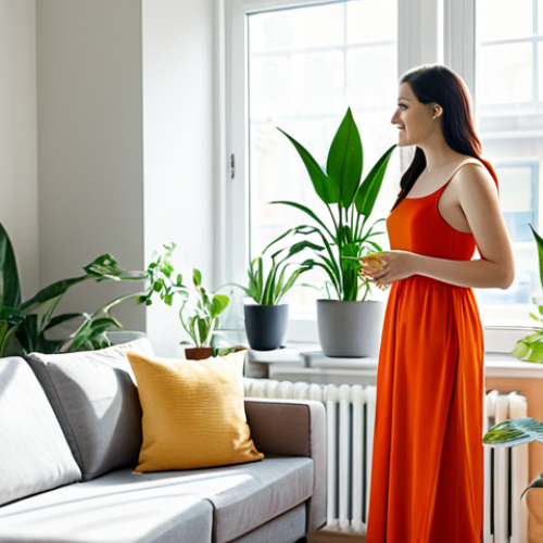 Home 17 A professional woman in a modest, smart casual dress, gently tending to a collection of vibrant indoor plants, including a Snake Plant and Peace Lily, in a sunlit modern apartment living room. Large windows flood the space with natural light, highlighting the fresh, clean air and peaceful atmosphere. The background features blurred soft furnishings and subtle decor. Perfect anatomy, correct proportions, natural pose, well-formed hands, proper finger count, natural body proportions. Fully clothed, modest clothing, appropriate attire, professional dress, safe for work, appropriate content, family-friendly, high-quality professional photography.