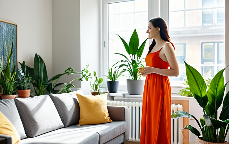 A professional woman in a modest, smart casual dress, gently tending to a collection of vibrant indoor plants, including a Snake Plant and Peace Lily, in a sunlit modern apartment living room. Large windows flood the space with natural light, highlighting the fresh, clean air and peaceful atmosphere. The background features blurred soft furnishings and subtle decor. Perfect anatomy, correct proportions, natural pose, well-formed hands, proper finger count, natural body proportions. Fully clothed, modest clothing, appropriate attire, professional dress, safe for work, appropriate content, family-friendly, high-quality professional photography.