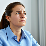 A professional adult in a light, modest business casual outfit, sitting indoors, visibly affected by high humidity. Their expression shows mild discomfort and fatigue, with a hint of sticky skin on their forehead, fully clothed in appropriate attire. The air in the room appears heavy and slightly oppressive, subtly conveying the difficulty in breathing and concentration. Professional photography, high quality, realistic, detailed, safe for work, appropriate content, fully clothed, professional dress, perfect anatomy, correct proportions, natural pose, well-formed hands, proper finger count, natural body proportions.