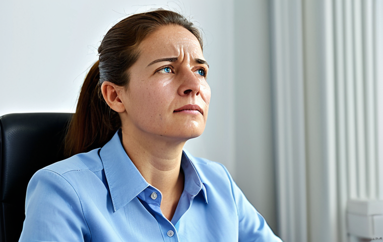 A professional adult in a light, modest business casual outfit, sitting indoors, visibly affected by high humidity. Their expression shows mild discomfort and fatigue, with a hint of sticky skin on their forehead, fully clothed in appropriate attire. The air in the room appears heavy and slightly oppressive, subtly conveying the difficulty in breathing and concentration. Professional photography, high quality, realistic, detailed, safe for work, appropriate content, fully clothed, professional dress, perfect anatomy, correct proportions, natural pose, well-formed hands, proper finger count, natural body proportions.