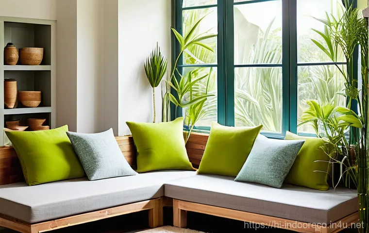 친환경 인테리어 - **Prompt 1: Sunny & Serene Eco-Friendly Living Room**
    "A brightly lit, serene living room in an ...