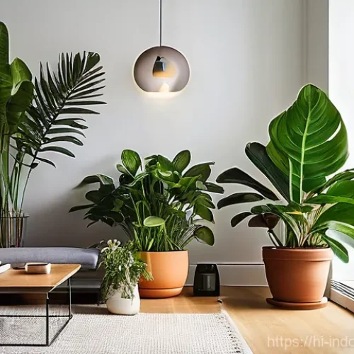 스마트 조명 시스템과 식물 - **Prompt:** A vibrant, well-lit indoor garden corner in a modern, minimalist living room. Lush, heal...
