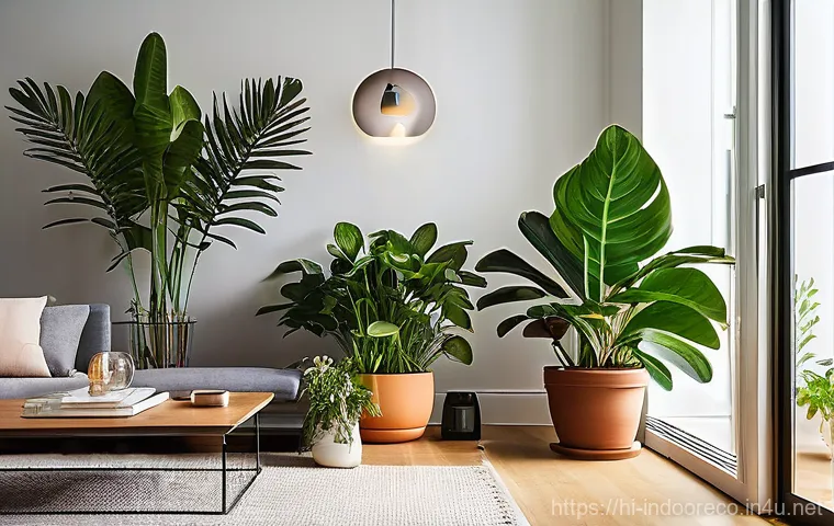 스마트 조명 시스템과 식물 - **Prompt:** A vibrant, well-lit indoor garden corner in a modern, minimalist living room. Lush, heal...