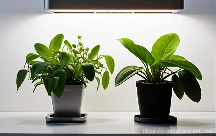 스마트 조명 시스템과 식물 - **Prompt:** A vibrant, well-lit indoor garden corner in a modern, minimalist living room. Lush, heal...