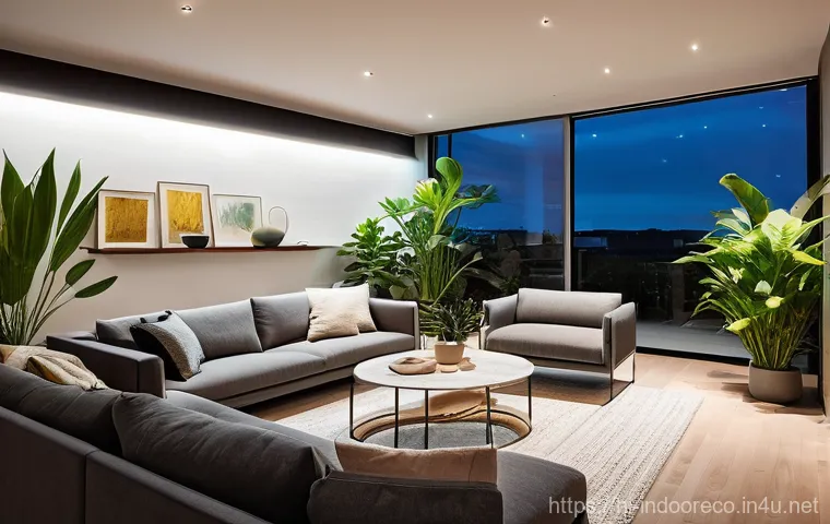 스마트 조명 시스템과 식물 - **Prompt:** A close-up, dynamic shot focusing on the leaves and new growth of several healthy indoor...