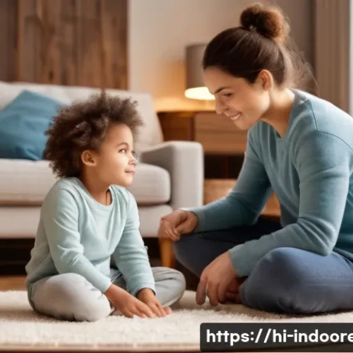 겨울철 실내 습도 관리 - A cozy winter indoor scene depicting subtle signs of low humidity and natural solutions. A family (f...