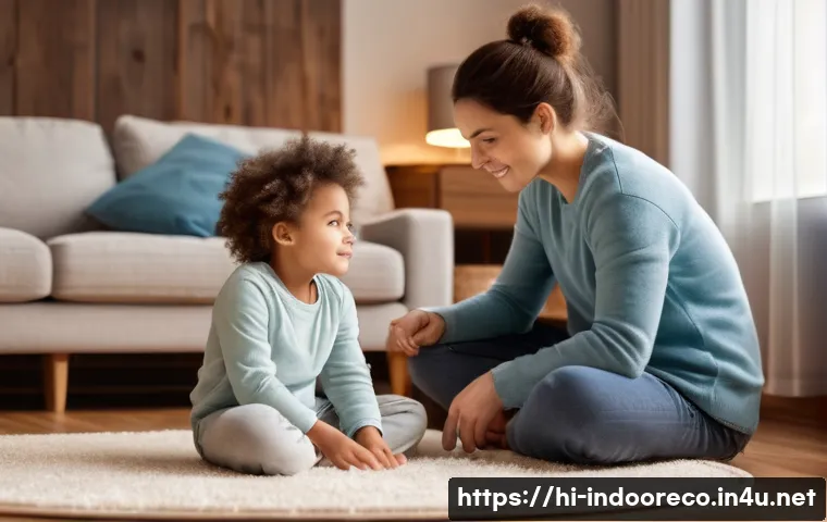 겨울철 실내 습도 관리 - A cozy winter indoor scene depicting subtle signs of low humidity and natural solutions. A family (f...