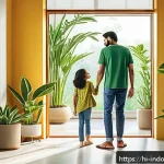 Home 19 미세먼지 농도와 건강 - A detailed illustration of a young Indian family inside a modern, clean home environment with large ...