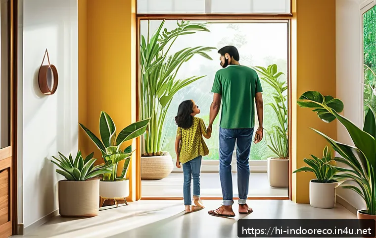 미세먼지 농도와 건강 - A detailed illustration of a young Indian family inside a modern, clean home environment with large ...