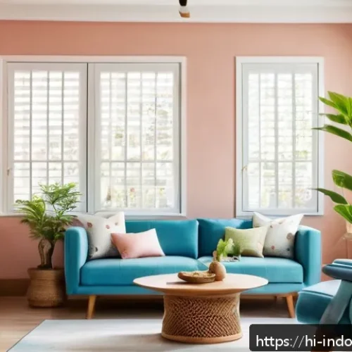 Home 30 에너지 효율성 - A modern Indian living room bathed in warm natural daylight streaming through large open windows wit...