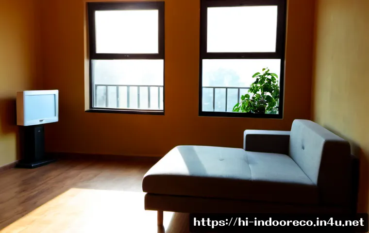 자연광과 실내 온도의 관계 - Photorealistic Indian apartment living room in warm afternoon natural sunlight, large window casting...