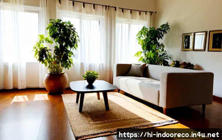 Home 17 실내 자연광 활용 아이디어 - Photorealistic sunlit Indian living room designed to maximize indoor natural light, large sheer whit...
